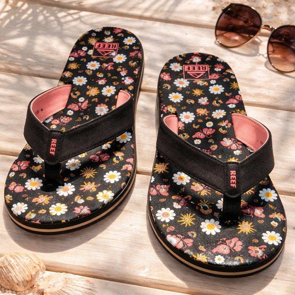 Reef Women's Black and Peach Floral Sandals Size 4